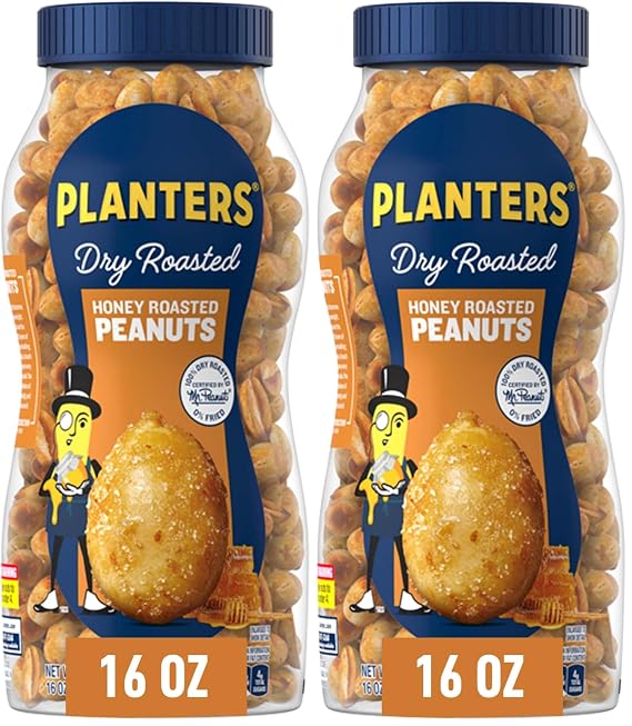 PLANTERS Honey Roasted Peanuts, 16 oz. Resealable Jar | Flavored Peanuts with a Sweet Honey Coating & Sea Salt | Wholesome Snacking | Kosher (Pack of 2)