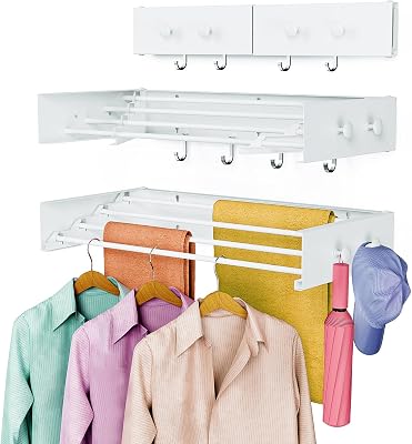 Drying Rack Clothing,Clothes Drying Rack Wall Mounted,Laundry Drying Rack Wall Mount,Foldable,Collapsible,60 lb Capacity 5 Aluminium Poles with 6 Hooks White, 23.6