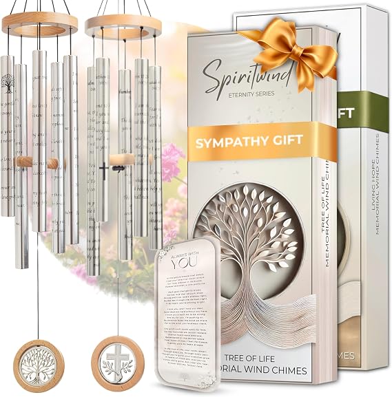 Memorial Wind Chimes for Loss of Loved One (2pc Bundle Set) Beautifully Packaged Tree of Life & Living Hope Sympathy Wind Chimes Bundle Set - Sympathy Card & Floral Keepsake Included (32" Size)