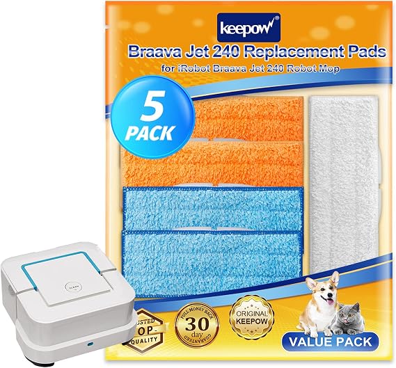 KEEPOW 5Pk Mop Pads Compatible with iRobot Braava Jet 240, Wet/Damp/Floors | Reusable Mop Pads Compatible with iRobot Braava Jet 240/241/245 Robot Mop, 2 Wet + 2 Damp + 1 Dry Pads for All Floor Cleaning