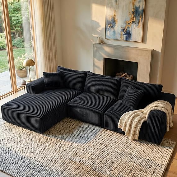 Naomi Home Pamela 110 Boneless Modular Cloud Couch - Black | Deep Seating L-Shaped Sectional Sofa for Living Room, 370 GSM Premium Corduroy, Sag-Free 30-32D HR Foam, No Assembly