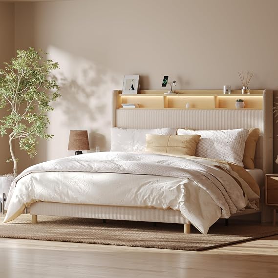 FLEXISPOT 51 King Bed Frame with LED Lights, Charging Station & Storage Shelf, Elegant Corduroy Upholstered Platform Bed with Tall Wingback Headboard, No Box Spring Needed, Beige