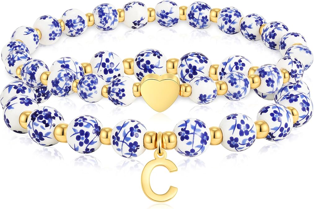 Bead Charm Heart Initial Bracelet for Women Girls - 2PCS Flower Vintage Heart Initial Bracelet Teen Girls Gifts Handmade Stretch Gold Beaded Dainty Romantic Jewelry Gift for Women Girl