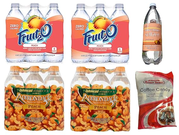 Fruit2O Zero Calorie Flavored Water Peach 16.9oz (12 bottles) + Adirondack Enhanced Water Peach Fruit Flavored Beverage 16.9oz (12 bottles) + Water Seltzer Peach Berry 1 Liter + Coffee Candy Market Basket 5oz