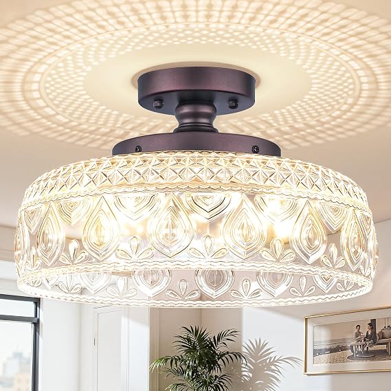 SunRider Semi Flush Mount Ceiling Light, Modern 3-Light Globe Glass Ceiling Light Fixture, Bronze Indoor Pendant Lamp for Hallway Porch Kitchen Bedroom