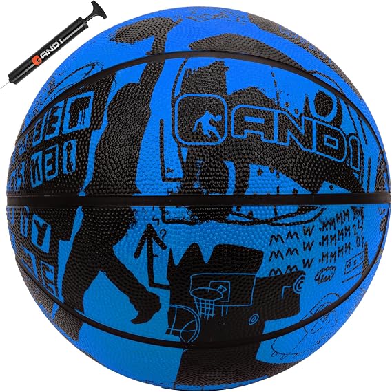 AND1 Street Art 27.5 Basketball : Youth Sized Rubber Streetball for Indoor and Outdoor Use, Deep Channel Construction and Durability, Ideal for Boys and Girls Ages 9-11, Includes 10 Pump