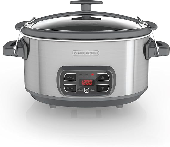 BLACK+DECKER SCD1007 7 Quart Programmable Slow Cooker with Digital Timer, Portable with Locking Lid, Stainless Steel