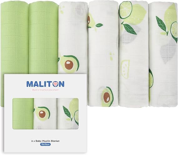 Maliton 3-Layer Extra Absorbent Baby Muslin Squares Cloth for Baby, 6 Pack 70cm x 70cm Soft Cotton Blend Burp Cloths for Newborns, Breathable Muslin Cloths to Clean, Wipe &amp; Cover - Summer Fruit Prints