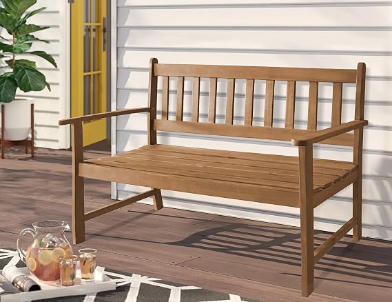 Outdoor Bench, 2-Person Acacia Wood Garden Bench with Curved Backrest and Armrest, 705Lbs Weight Capacity Patio Bench for Pool, Beach, Balcony, Garden, Porch and Park, Wood Bench Park Bench