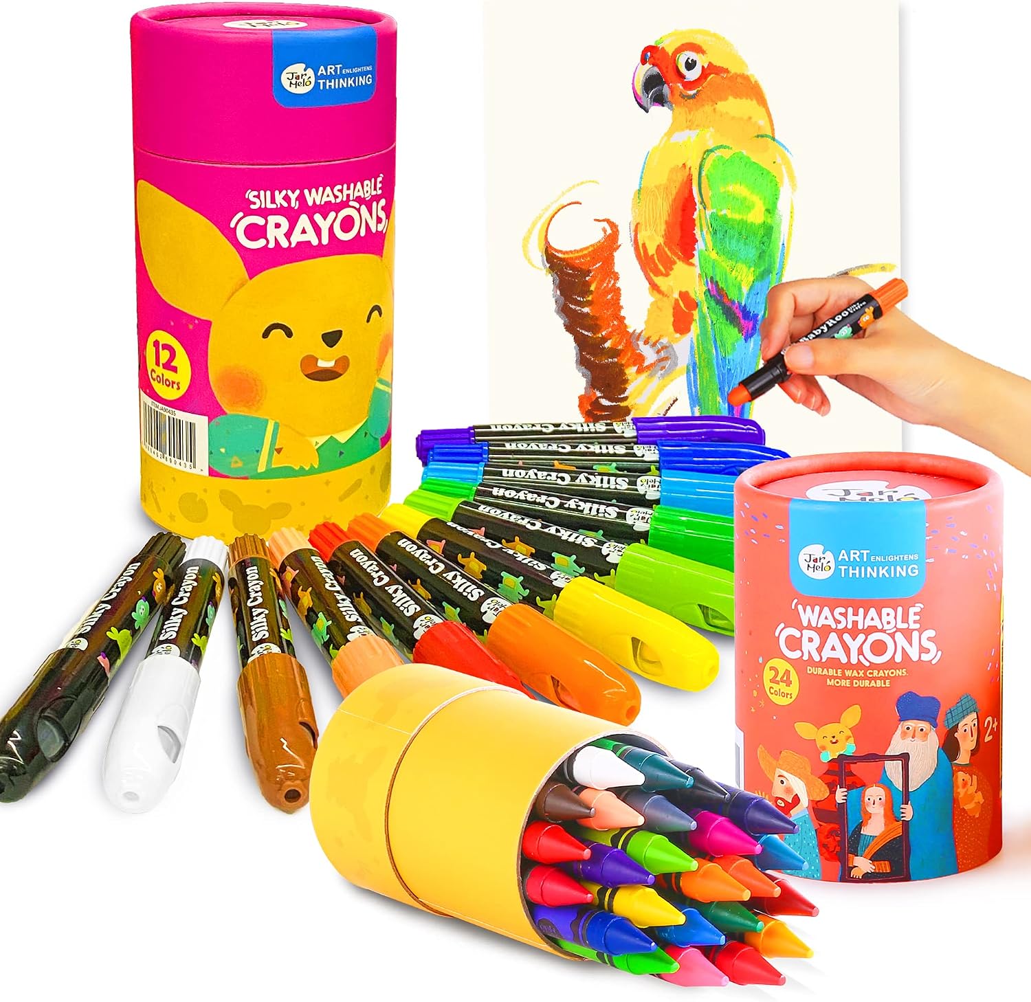 Jar Melo 12 Count Silky Washable Crayons for Kids, Baby Crayons, 24 Count Jumbo Crayons, Easy To Hold, Non Toxic