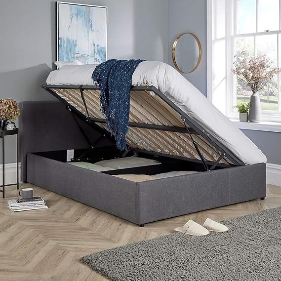 Home Source Double 4ft 6in Side Gas Lift Fabric Ottoman Storage Bed, Grey