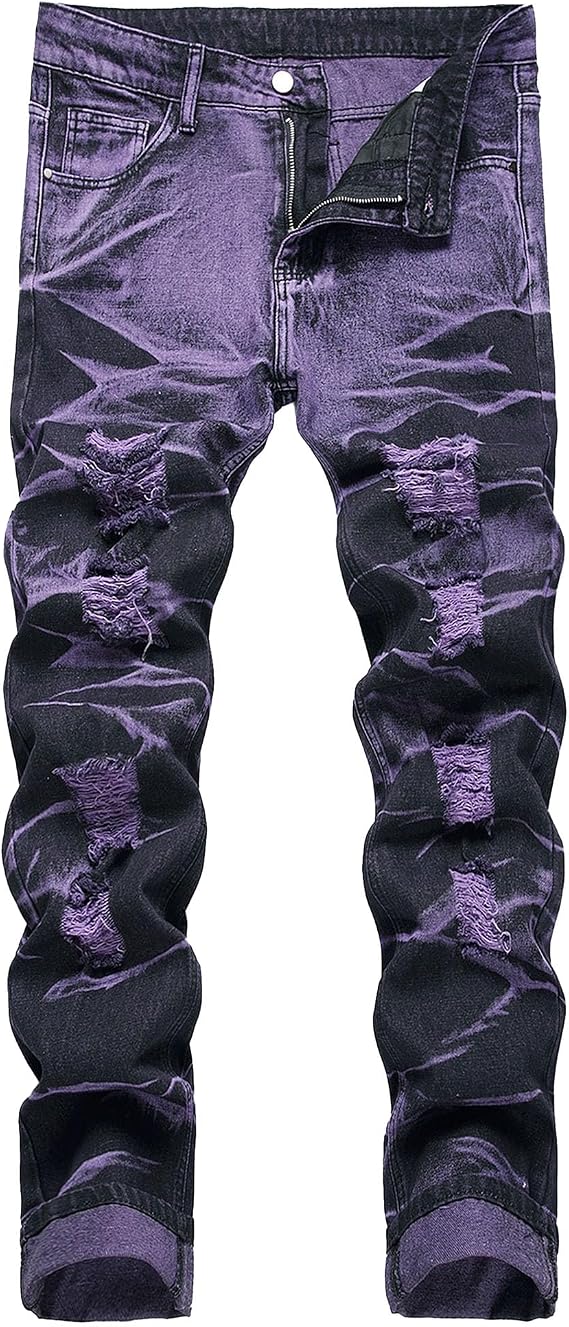 Men's Regular Fit Distressed Jeans Slim Fit Ripped Denim Pants Slim Straight Leg Stacked Jeggings