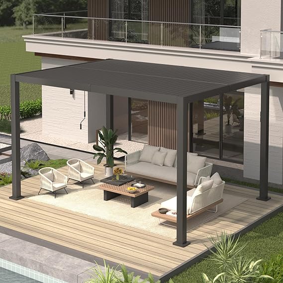 10 13 Outdoor Louvered Pergola, Aluminum Outdoor Louvered Pergola Patio with Adjustable Roof for Outdoor Deck Black