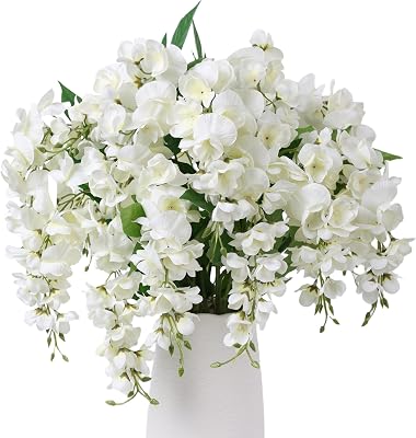 HyeFlora Fake Flowers Indoor Plants, 2Pcs Greenish White Hanging Wisteria Decoration, Light Cream White UV & Fading Resistant, Room Decor for Kitchen Living Room Bathroom Centerpiece Table