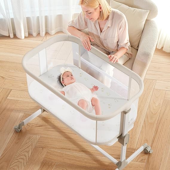 Fodoss Baby Bassinets Bedside Sleeper - All Mesh Bedside Bassinet with Wheels, 7 Height Adjustable Baby Bassinet for Infants, Beige | 7 Height Adjustable Baby Bassinet for Infants