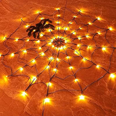 FUNPENY Halloween 80 LED Orange Spider Web Lights with Spider, Battery Powered 8 Modes Light up Cobweb Halloween Decorations for Indoor Ourdoor Garden Yard Home Patio Orange