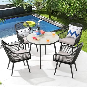 Patiorama 5-Piece Patio Dining Set, Outdoor Dining Table Chair Set, All-Weather Twisted Rattan Wicker Rope Conversation Set, Patio Furniture Set w/Umbrella Hole, 4 Cushioned Chairs&Glass TableBlack