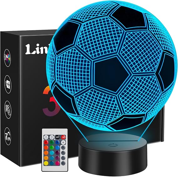 Linkax Soccer Gifts for Teens Boys Girls, Soccer Ball 3D Illusion Lamp Night Light Room Decor, 16 Colors Change 6 7 8 9 10 11 12 Year Old Boy Sports Fan Birthday Gifts