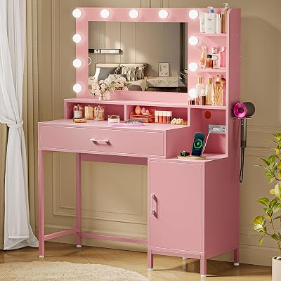 Vanity Desk with Mirror and Lights, Makeup Vanity with Storage Drawer, Power Outlet and Large Cabinet for Bedroom - Pink