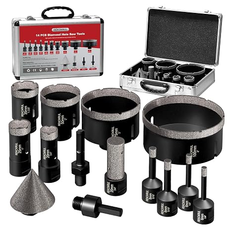14PCS Diamond Core Drill Bits Set with Core Extractor Tool | Hole Saw Kit 6/6/8/20/25/35/50/75/100mm + 20mm Finger Bit + 50mm Chamfer Bit + Hex/SDS Tile, Ceramic, Marble, Granite