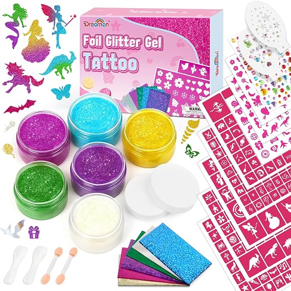 Dreamon Temporary Glitter Tattoo Kit for Kids with 6 Colors No-mess Glitter Gel, 325 Unique Stencils - Adult & Kids Body Art Glitter Make Up Kit - Gifts for Girls Boys Christmas Birthday Summer Party
