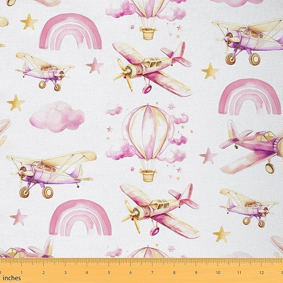 Girls Aircrafts Fabric by The Yard,Dreamy Rainbow Stars Flannel Polyester Fabric,Pink Hot Air Balloon Fabric Panels for Quilting,Watercolor Cartoon Sewing Fabric,1 Yard,36" L x 59" W