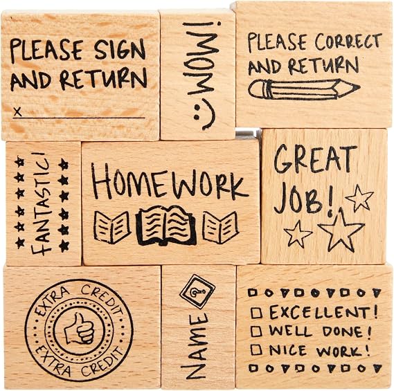 Blue Panda 9 Piece Set of Wooden Rubber Teacher Stamps - Classroom Supplies for Grading Homework and Teacher Supplies (Assorted Sizes Rubber Stamps)