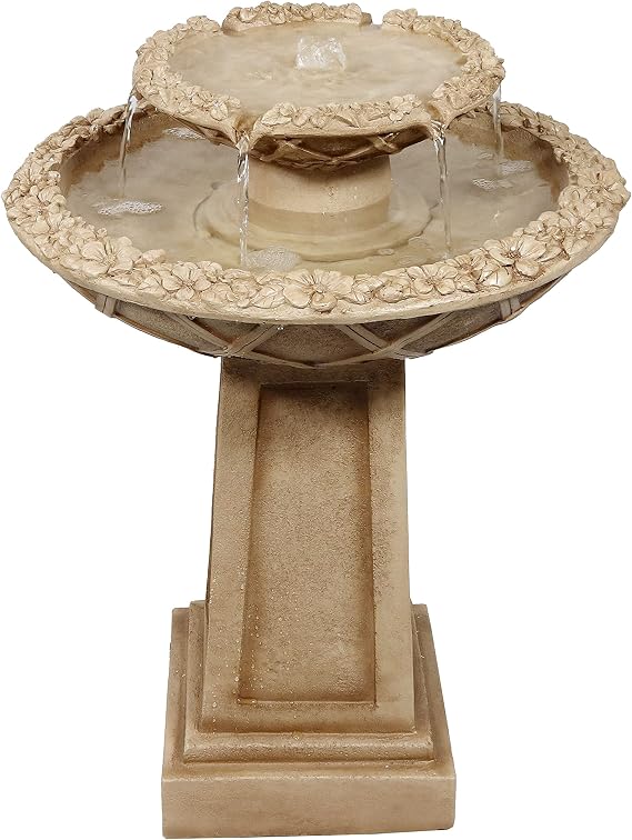 Sunnydaze Beveled Flower 2-Tier Outdoor Water Fountain - 28-Inch | Electric Submersible Pump - Polyresin and Fiberglass Construction - 3-Gallon Water Capacity - For Patio, Yard, or Deck