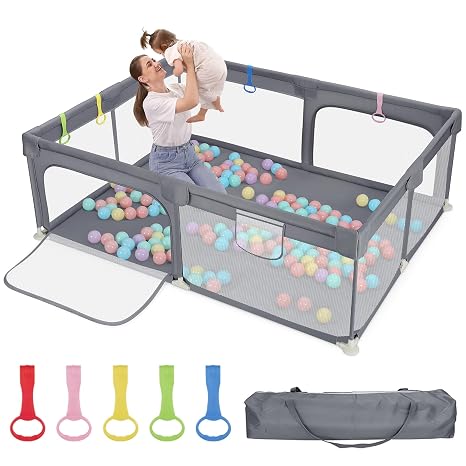 Dripex Baby Playpen 150 x 180 cm Breathable Light Grey BPA-free sturdy metal frame with cotton breathable mesh 210D Oxford 5 carrying handles for babies and toddlers large