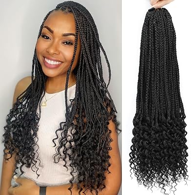 Goddess Box Braids Crochet Hair Pre Looped Crochet Braids For Black Women 20 Inch 6 Packs Crochet Box Braids Curly Ends Knotless Goddess Box Braid Hair Extension1B, 20 Inch, 6 Packs