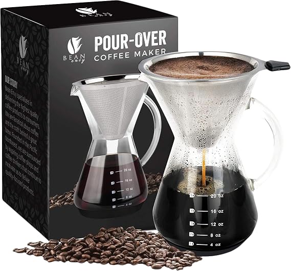 Bean Envy Pour Over Coffee Maker - Glass Dripper with Steel Filter 20 Oz
