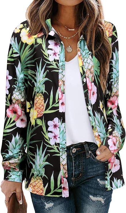 Ezcosplay Women Hawaiian Shirts Long Sleeve Button Down Tropical Floral Holiday Beach Blouse Tops