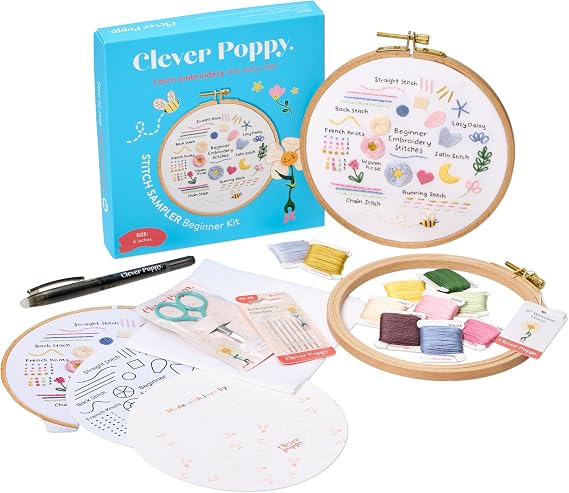 Clever Poppy Stitch Sampler Beginner Embroidery Kit Easy Embroidery Kit for Beginners with Hoop, Thread & Patterns Hand Embroidery Kit for Adults and Teens Complete Embroidery Starter Kit