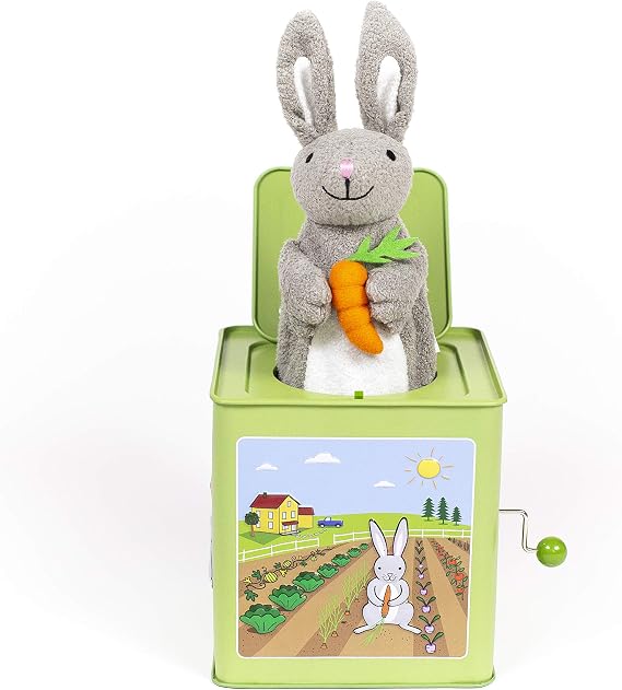 Jack Rabbit Creations Bunny Jack in the Box - Musical Pop-Up - Ages 3+ | Tin Construction, 0.45 lb, Hand Crank Operation, Here  Peter Cottontail Tune, Soft Plush Rabbit, Indoor Use, Model 814