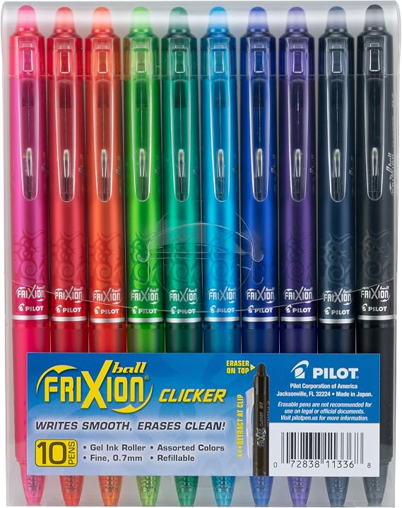 PILOT FriXion Clicker Erasable, Assorted Color Inks, 10-Pack Pouch
