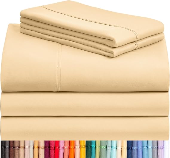 LuxClub 7 PC Split King Sheet Set Sheets Deep Pockets 18" Eco Friendly Wrinkle Free Cooling Sheets Machine Washable Hotel Bedding Silky Soft - Yellow Split King