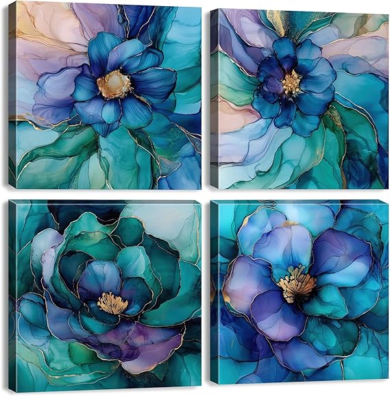 Abstract Flower Wall Art Teal Floral Wall Pictures Living Room Decor Teal Abstract Paintings Posters Green Flowers Blue Botanical Prints Modern Life Neutral Artwork for Home Decoration 12x12" 4Pcs