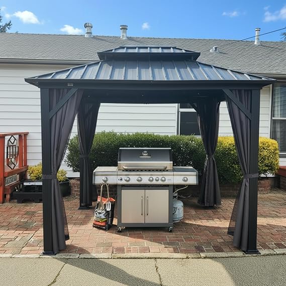 PURPLE LEAF Aluminum Hardtop Gazebo 8' x 10' with Ceiling Hook, Grey | 3.9" Thick Posts, Heavy-Duty Aluminum Frame, Stay Cooler Longer, 110 GSM Textilene Netting, Fade-Resistant Curtains