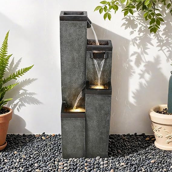 SunJet 4-Tier Modern Water Fountain, Indoor/Outdoor Resin Water Fountains with Soothing Water Sounds, Perfect for Garden, Patio, Home & Office, 12.5" L x 9.4" W x 39.3" H