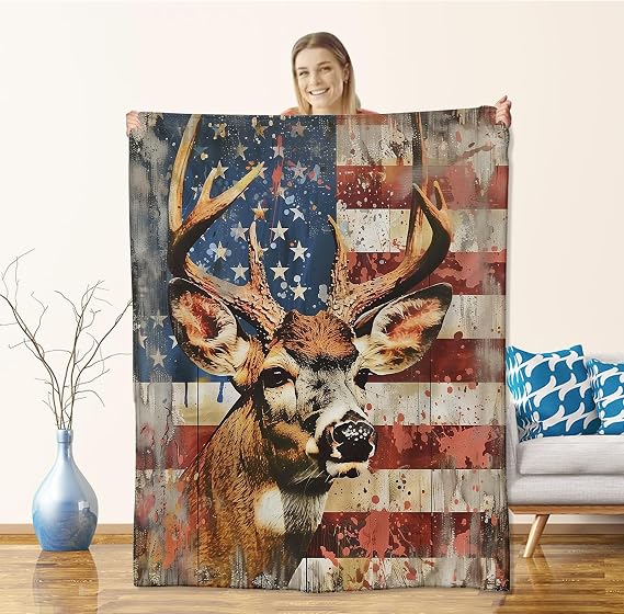 Deer Blanket for Men Kids Women, Flannel Deer Blankets Gifts, American Flag Deer Throw Blanket for Sofa Couch Bed Living Room Soft Warm Cozy Deer Decor 60" x 50"