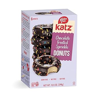 Katz Gluten Free Chocolate Frosted Sprinkle Donuts. No Artificial Color Free of Soy, Sesame, Dairy, and Nuts. Kosher 10.5oz (1pk)