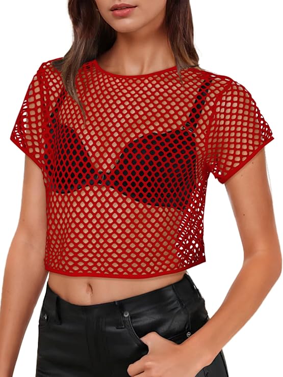 Womens Sheer Mesh Top Fishnet T Shirts Short Sleeve See Through Crop Tops | Slim Fit Cover Up,80s 90s Rave Outfit,Crew Neck Tee,Party Concert,Going Out Tops