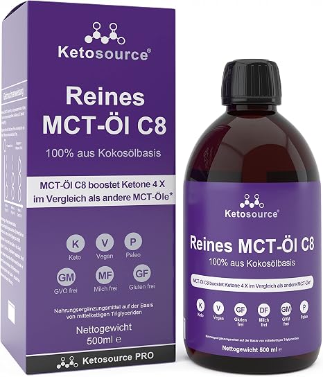 Ketosource® Premium C8 MCT Oi; Produces 3x More Ketones than other MCT Oils; Highest Purity available with 99.8%; Pure Capylic Acid; Paleo/ Vegan/ Gluten Free Ketogen and Low Carb 500ml
