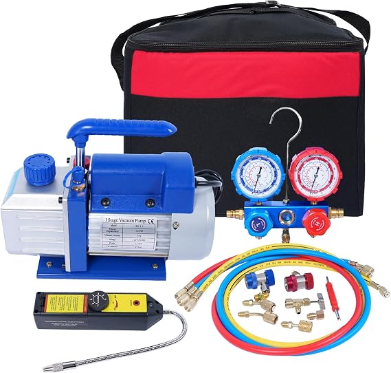 110V 1/3 HP 4CFM Single Stage HVAC Vacuum Pump and 3-Way Valve AC Manifold Gauge Set Kit with Leak Detector for R134a R410a R12 R22 Air Conditioning Refrigeration Recharging