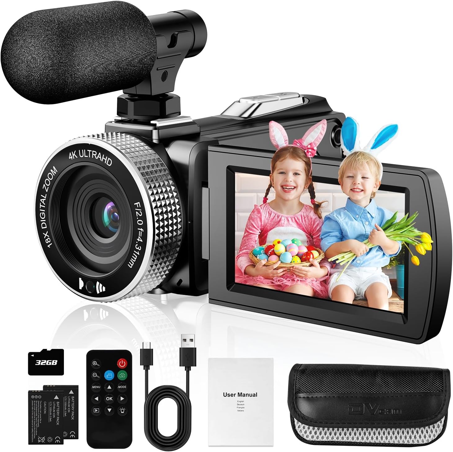 Digital Video Camera Camcorder 4K 48MP Photo 4K 60FPS Video Digital Camcorder for Vlogging Youtube with 2 Batteries/SD Card/Remote Control