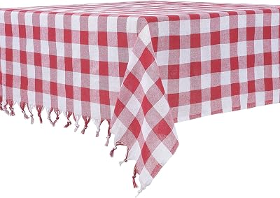 DESTALYA Checkered Tablecloth 55 x 55 Inch Picnic Blanket with Fringe, 100% Cotton Buffalo Check Plaid Gingham Rustic Style Linen Table Cover for Kitchen Red and White 55