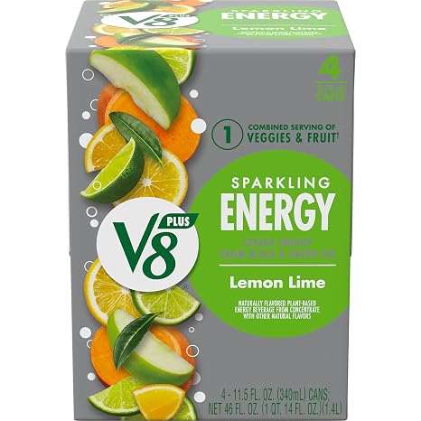 V8 +SPARKLING ENERGY Lemon Lime Energy Drink, Made with Real Vegetable and Fruit Juices, 11.5 Ounce Can (Pack of 4)