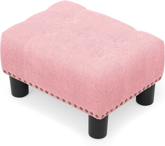 Athena Collection Small Ottoman Foot Rest with Legs, Linen Fabric Ottoman Foot Stool with Soft Padded seat, Square Footstool FootRest for Living Room, Bedroom, Office, Pink
