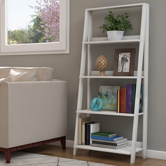 4-Tier Ladder Bookshelf - Freestanding Shelved Bookcase with X-Back Frame and Leaning Look - Display Shelves for Home or Office by Lavish Home (White)