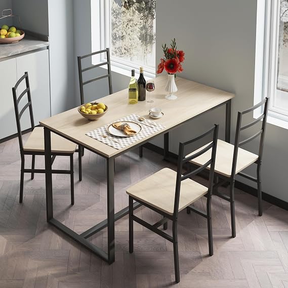 Beige 5-Piece Rectangular Kitchen Table Set, Industrial Dining Table and Chairs for 4, Metal Frame with Wood Top, Breakfast Nook for Small Space, Living Room, Cafe